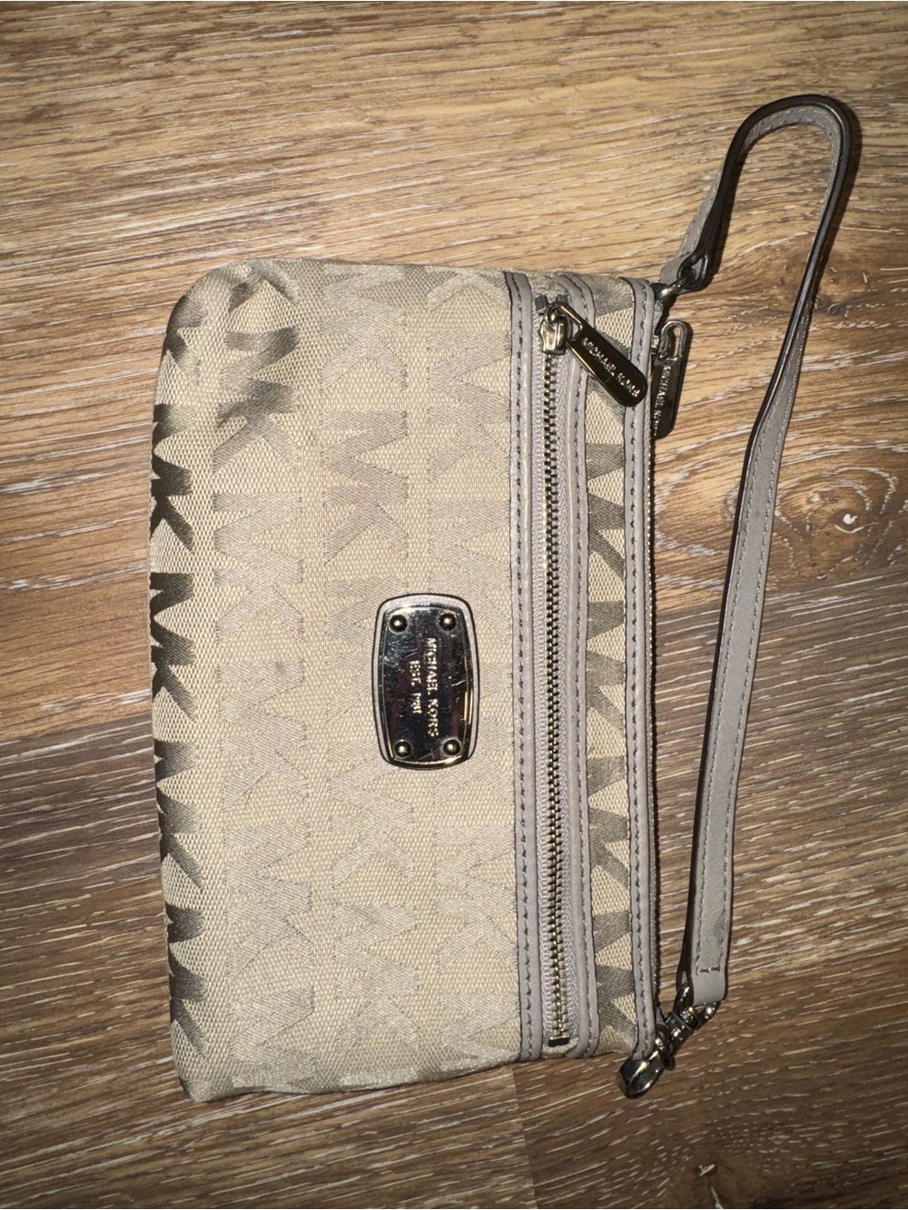 Michael Kors Neutral Beige Logo Wristlet with Gold Hardware
